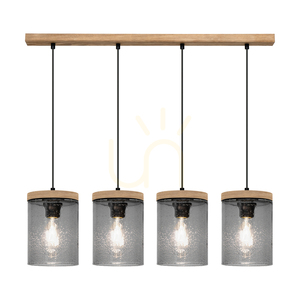 Monsun taklampa 4xE27 Max. 60 W, brunbehandlad furu/svart PVC-sladd/lampskärm i rökfärgat glas, 100 cm small 1