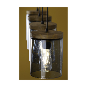 Monsun taklampa 4xE27 Max. 60 W, brunbehandlad furu/svart PVC-sladd/lampskärm i rökfärgat glas, 100 cm small 4
