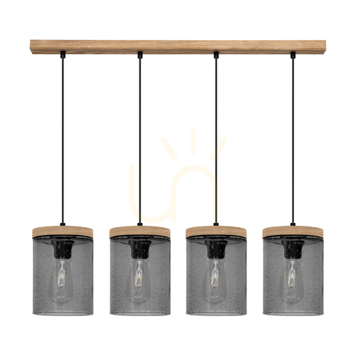 Kontrollera Monsun taklampa 4xE27 Max. 60 W, brunbehandlad furu/svart PVC-sladd/lampskärm i rökfärgat glas, 100 cm