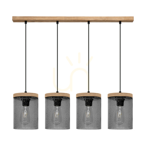 Monsun taklampa 4xE27 Max. 60 W, brunbehandlad furu/svart PVC-sladd/lampskärm i rökfärgat glas, 100 cm small 0