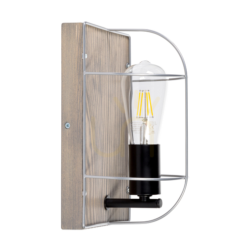 Kontrollera Netuno vägglampa 1xE27 Max. 15 W LED, gråbetsad furu / svart metall / silvermetall, 15 cm lampskärm