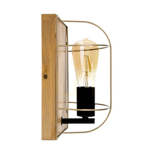 Netuno vägglampa, 1xE27, Max. 15 W LED, brunbehandlad furu / svart metall / guldfärgad metallskärm, 15 cm small 2