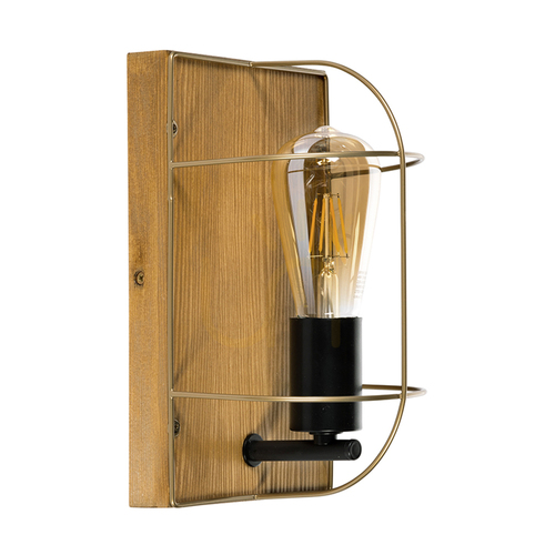 Kontrollera Netuno vägglampa, 1xE27, Max. 15 W LED, brunbehandlad furu / svart metall / guldfärgad metallskärm, 15 cm