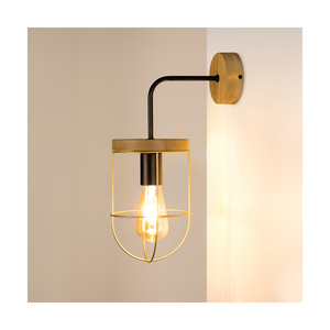 Netuno vägglampa, 1xE27, Max. 25 W LED, brunbehandlad furu / svart metall / guldfärgad metallskärm, 25 cm small 2