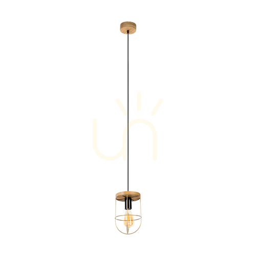 Kontrollera Netuno taklampa, 1xE27, Max. 60 W, brunbehandlad furu / svart metall / svart PVC-sladd / guldfärgad metallskärm, Ø 15 cm