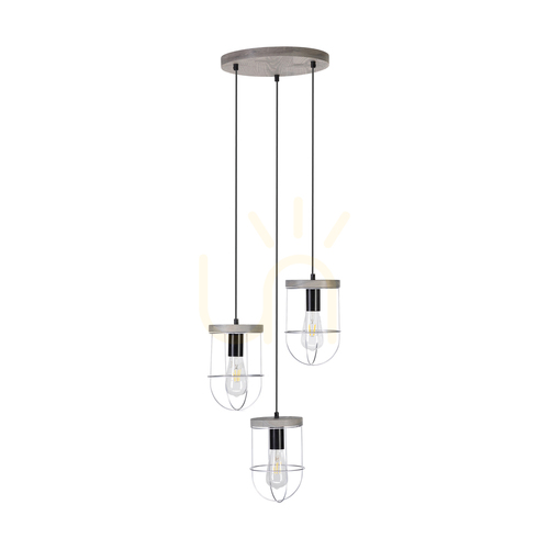 Kontrollera Netuno taklampa 3xE27 Max. 60 W, färgad furu, grå/svart metall, svart PVC-sladd, silverfärgad metallskärm, Ø 50 cm