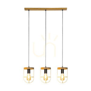 Netuno taklampa, 3xE27, Max. 60 W, brunbehandlad furu / svart metall / svart PVC-sladd / guldfärgad metallskärm, 76 cm small 1