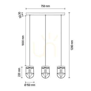 Netuno taklampa, 3xE27, Max. 60 W, brunbehandlad furu / svart metall / svart PVC-sladd / guldfärgad metallskärm, 76 cm small 3