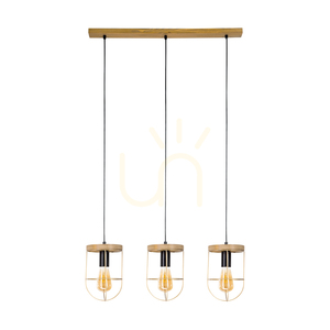 Netuno taklampa, 3xE27, Max. 60 W, brunbehandlad furu / svart metall / svart PVC-sladd / guldfärgad metallskärm, 76 cm small 0