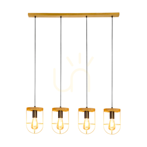 Netuno taklampa 4xE27 Max. 60 W, brunbehandlad furu/svart metall/svart PVC-sladd/guldmetallskärm, 100 cm small 1