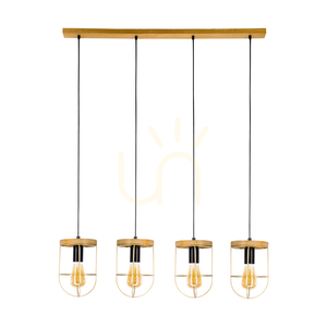 Netuno taklampa 4xE27 Max. 60 W, brunbehandlad furu/svart metall/svart PVC-sladd/guldmetallskärm, 100 cm small 0