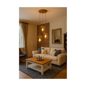 Netuno taklampa 3xE27 Max. 60 W, brunbehandlad furu/svart metall/svart PVC-sladd/guldmetallskärm, Ø 50 cm small 3
