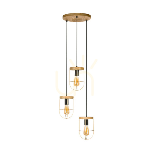 Kontrollera Netuno taklampa 3xE27 Max. 60 W, brunbehandlad furu/svart metall/svart PVC-sladd/guldmetallskärm, Ø 50 cm