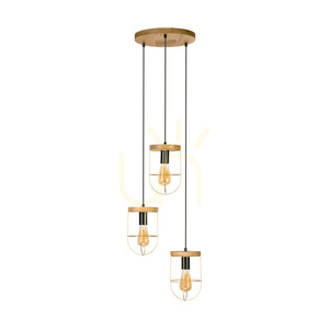 Netuno taklampa 3xE27 Max. 60 W, brunbehandlad furu/svart metall/svart PVC-sladd/guldmetallskärm, Ø 50 cm small 0