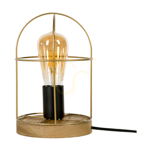 Netuno bordslampa, 1xE27, Max. 25 W, brunbehandlad furu / svart metall / svart PVC-sladd / guldfärgad metallskärm, Ø 15 cm small 0