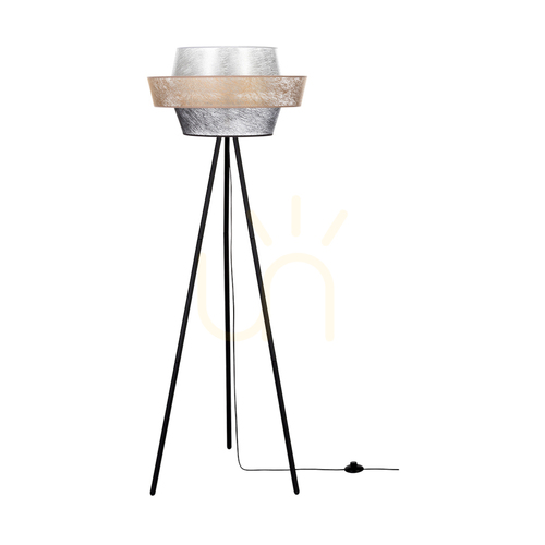 Kontrollera Nevoa golvlampa 1xE27 Max. 40 W, svart metall/svart PVC-sladd/lampskärm i svart-guld-silver, Ø 55 cm