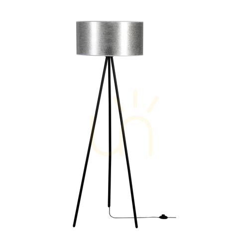 Kontrollera Nevoa golvlampa 1xE27 Max. 40 W, svart metall/svart PVC-sladd/silverfärgad lampskärm, Ø 50 cm