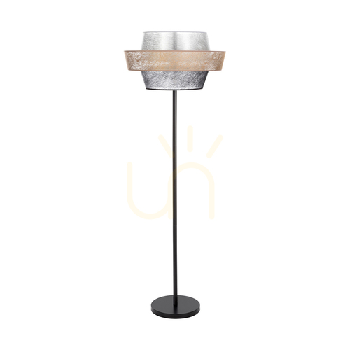 Kontrollera Nevoa golvlampa 1xE27 Max. 40 W, svart metall/svart PVC-sladd/lampskärm i svart-guld-silver, Ø 55 cm