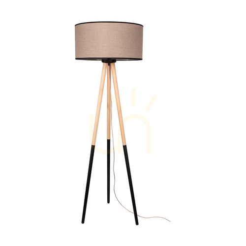 Kontrollera Panda golvlampa, 1xE27, Max. 60 W, björk-svart/svart, PVC-sladd, beige lampskärm i linne med svart kant, Ø 50 cm