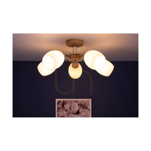 Taklampa i trä, modell Parma, 5xE27, Max. 60 W, oljad ek/krommetall/vit glasskärm, Ø 62 cm small 3