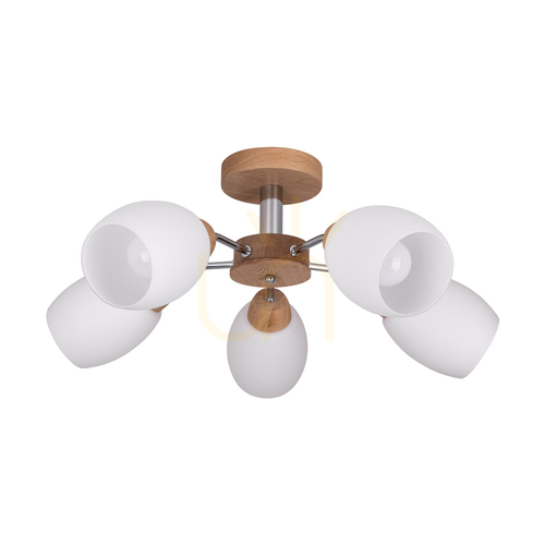 Kontrollera Taklampa i trä, modell Parma, 5xE27, Max. 60 W, oljad ek/krommetall/vit glasskärm, Ø 62 cm