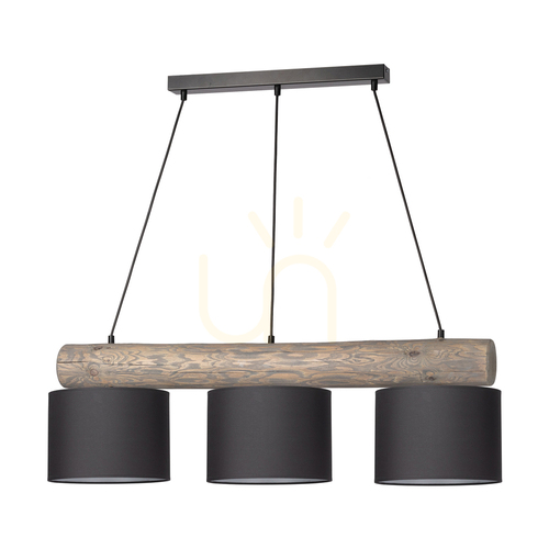 Kontrollera Pino Mix taklampa, 3xE27, Max. 40 W, betsad furu, grå/svart metall, svart PVC-sladd, antracitfärgad lampskärm, 100 cm