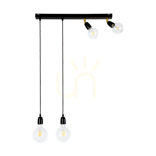 Kontrollera Porcia taklampa, 4xE27, Max. 25 W, svart-guldfärgad metall/svart flätad kabel/svart keramik, 75 cm