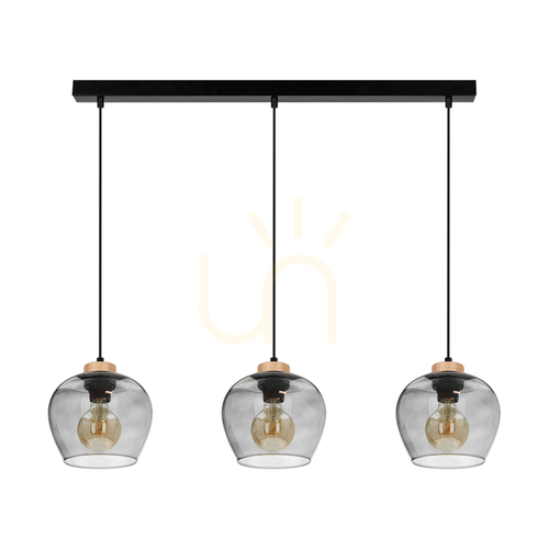 Kontrollera Praia taklampa, 3xE27, Max. 60 W, oljad ek/svart metall/svart PVC-sladd/lampskärm i rökt glas, 120 cm