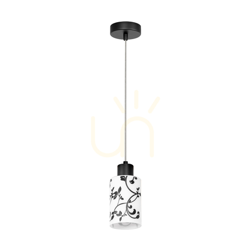Kontrollera Ravio taklampa, 1xE27, Max. 60 W, svart metall/genomskinlig PVC-sladd/vit och svart glasskärm, Ø 9,5 cm