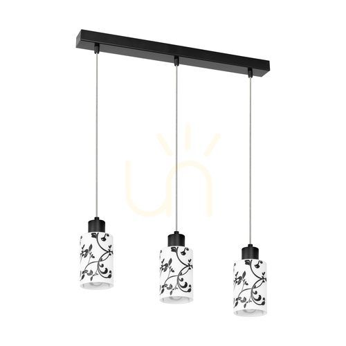 Kontrollera Ravio taklampa, 3xE27, Max. 60 W, svart metall/genomskinlig PVC-sladd/vit och svart glasskärm, 55 cm