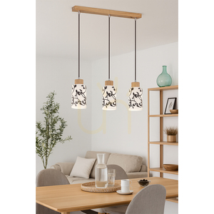 Ravio taklampa, 3xE27, Max. 60 W, björk/svart, PVC-sladd, vit och svart glasskärm, 54 cm small 1