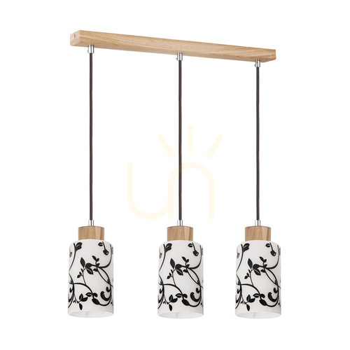 Kontrollera Ravio taklampa, 3xE27, Max. 60 W, björk/svart, PVC-sladd, vit och svart glasskärm, 54 cm