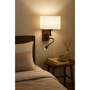 Sonar vägglampa 1xE27 Max. 25 W, inkluderar 1 st LED-lampa 4000 K 2,5 W, bok- och valnötsträ / svart metall / vit lampskärm 22 cm small 3