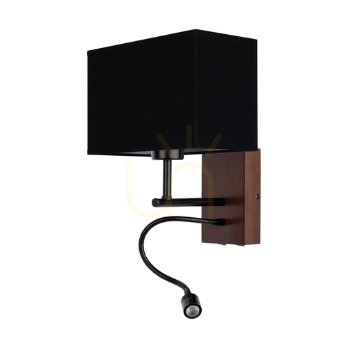 Kontrollera Sonar vägglampa 1xE27 Max. 25 W, inkluderar 1 st LED-lampa 4000 K 2,5 W, bok- och valnötsträ / svart metall / svart lampskärm 22 cm
