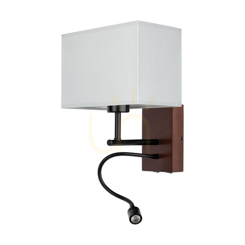 Kontrollera Sonar vägglampa 1xE27 Max. 25 W, inkluderar 1 st LED-lampa 4000 K 2,5 W, bok- och valnötsträ / svart metall / grå lampskärm 22 cm