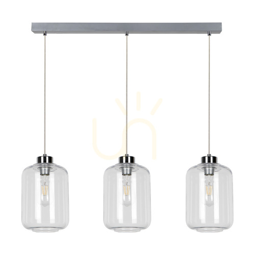 Kontrollera Tarro taklampa, 3xE27, Max. 60 W, krommetall / genomskinlig PVC-sladd / genomskinlig glasskärm, 76 cm