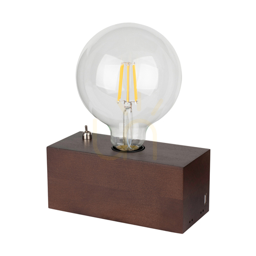 Kontrollera Theo bordslampa, 1xE27, Max. 25 W, bok- och valnötsträ, svart PVC-kabel med inbyggd USB-laddare, 18 cm