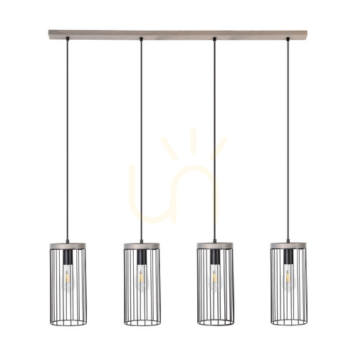 Kontrollera Timeo taklampa 4xE27 Max. 60 W gråbetsad furu / svart PVC-sladd / svart metallskärm 100 cm