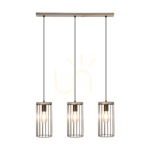 Timeo taklampa, 3xE27, Max. 60 W, gråbetsad furu, grå/svart PVC-sladd, svart metallskärm, 76 cm small 1