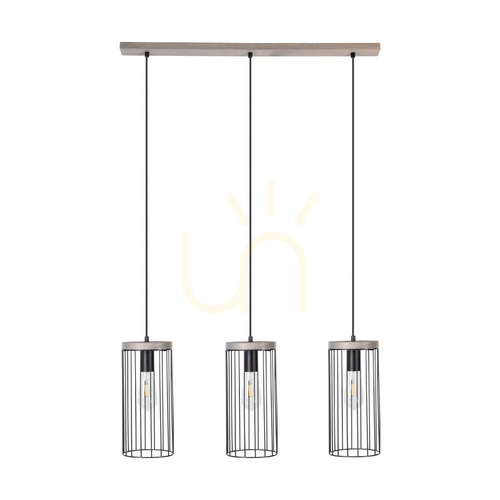 Kontrollera Timeo taklampa, 3xE27, Max. 60 W, gråbetsad furu, grå/svart PVC-sladd, svart metallskärm, 76 cm
