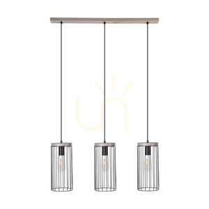 Timeo taklampa, 3xE27, Max. 60 W, gråbetsad furu, grå/svart PVC-sladd, svart metallskärm, 76 cm small 0