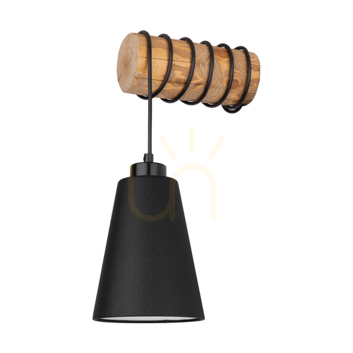 Kontrollera Trabo Carlos vägglampa, 1xE27, Max. 25 W, brunbehandlad furu/svart PVC-sladd/svart lampskärm, 27,5 cm