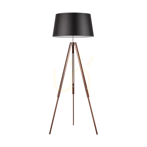 Kontrollera Golvlampa med tre ben, 1xE27, Max. 60 W, bok- och valnötsträ, genomskinlig PVC-sladd, svart lampskärm, 67 cm