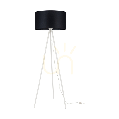 Kontrollera Golvlampa med tre ben, 1xE27, Max. 40 W, vit metall/genomskinlig PVC-sladd/svart lampskärm, Ø 50 cm