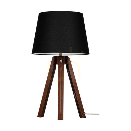 Kontrollera Bordslampa med treben, 1xE27, Max. 40 W, bok- och valnötsträ / genomskinlig PVC-sladd / svart lampskärm, Ø 30 cm