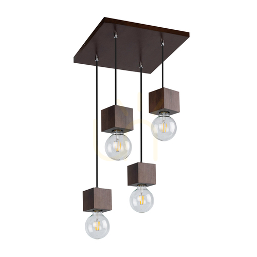 Kontrollera Trongo fyrkantig taklampa, 4xE27, Max. 60 W, bok- och valnötsträ, svart flätad sladd, 34 cm