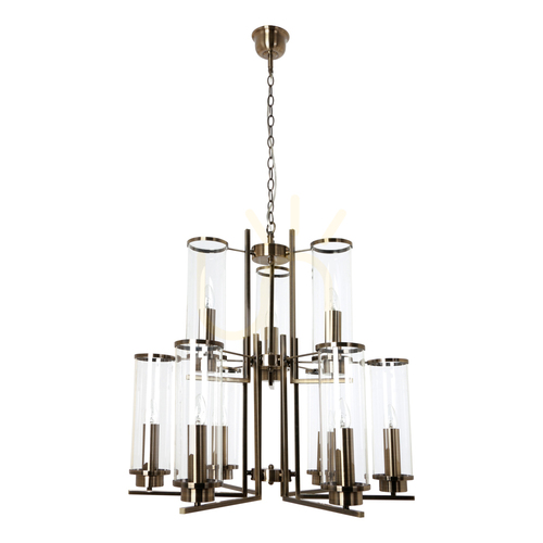 Kontrollera Verdi taklampa, 9xE14, Max. 40 W, metall med patina/transparent glasskärm, Ø 69,5 cm
