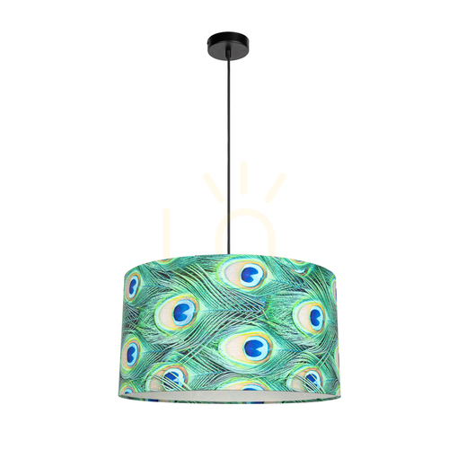 Kontrollera Vert taklampa, 1xE27, Max. 60 W, svart metall / svart flätad lampskärm / mångfärgad lampskärm med påfågelfjädermönster, Ø 45 cm