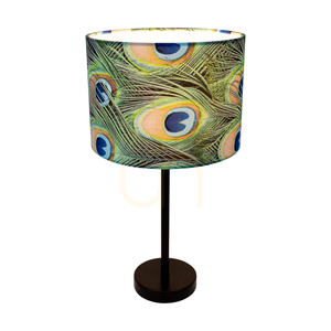 Vert bordslampa, 1xE27, Max. 40 W, svart metall/svart PVC-sladd/flerfärgad lampskärm med påfågelfjädermönster, Ø 25 cm small 1