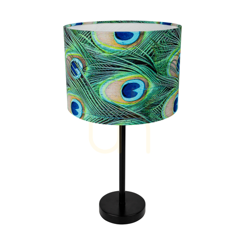 Kontrollera Vert bordslampa, 1xE27, Max. 40 W, svart metall/svart PVC-sladd/flerfärgad lampskärm med påfågelfjädermönster, Ø 25 cm